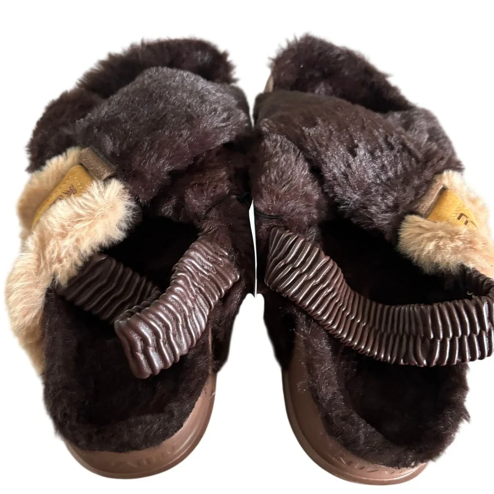 NEW KuaiLu Faux Fur Criss Cross Platform Sandals Sz 7 Brown Comfort Orthotic